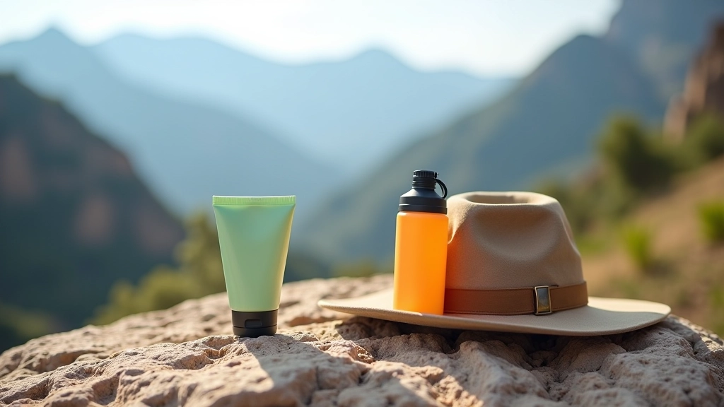 Botella de agua de senderismo, protector solar y sombrero de ala ancha sobre una roca en la montaña