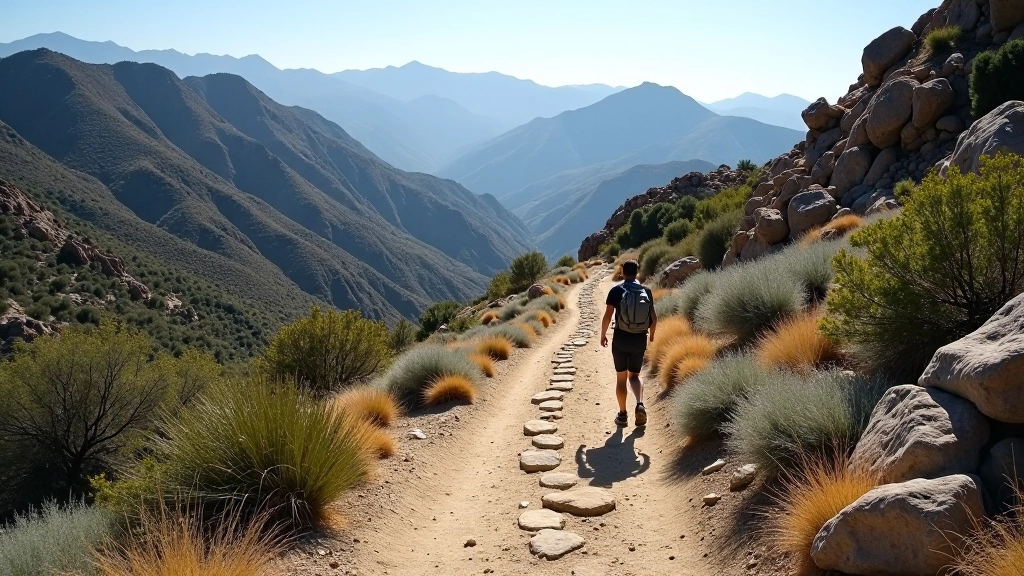 Sendero plano con señalización clara entre arbustos nativos y rocas